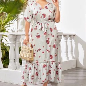 Plus ruffle hem floral & striped maxi dress